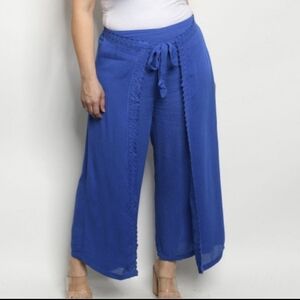 Zenobia Plus Size Casual Embroidered Wide Leg Overlay Blue Pants